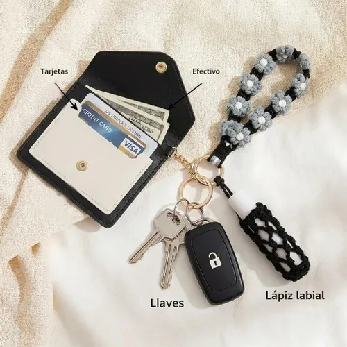 Vista 4 de BIHRTC Cartera llavero de pulsera boho con soporte para lápiz labial, pulsera brazalete hecha a mano Negro Gris