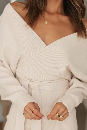 Vista 8 de ZESICA Vestido tipo suéter ajustado con cinturón para mujer, manga larga tipo murciélago, cuello en V, sin espalda, para otoño 2023