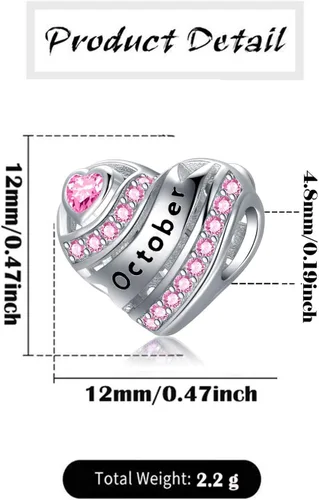 Vista 3 de Dijes de corazón de piedra natal para pulsera, plata de ley 925, dijes de corazón de amor para pulseras y collares, regalos de cumpleaños