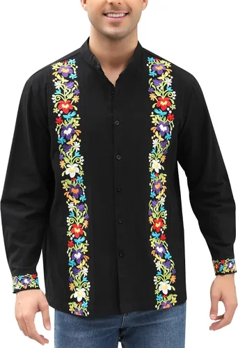 Vista 8 de Camisas mexicanas para hombre, camisa de manga larga bordada con botones y cuello mandarín