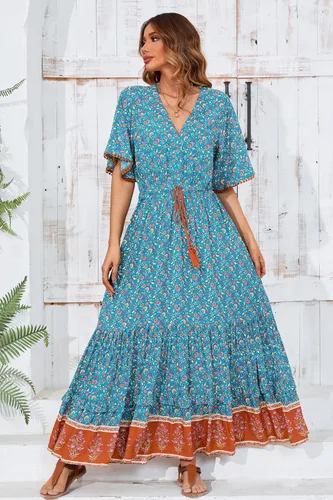 Vista 3 de R.Vivimos Vestido por debajo de la rodilla, para mujer, manga corta, de algodón, con cuello en V, diseño floral y estilo informalbohemio