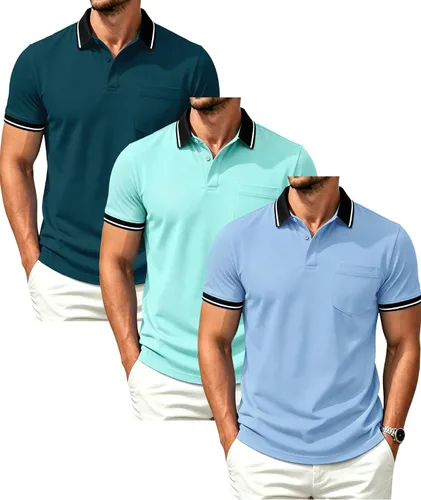 Vista 30 de GEEK LIGHTING Paquete de 3 camisas polo de manga corta con bolsillo para Negro Gris Armygreen