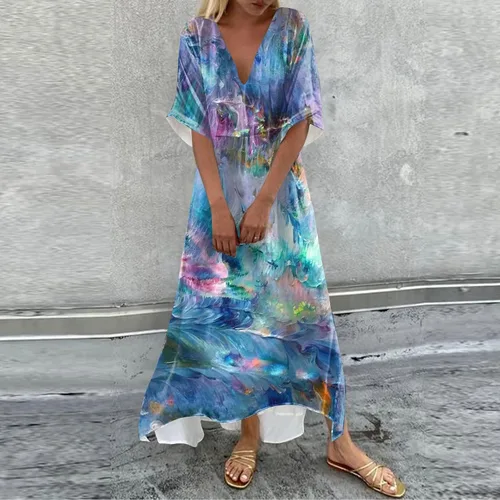Vista 2 de ADHOWBEW Vestido midi de manga corta con cuello en V floral para mujer, talla grande, con bolsillos