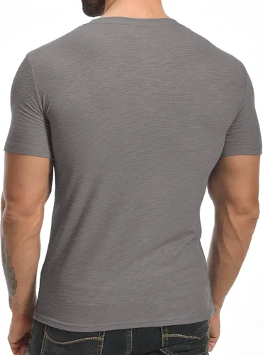 Vista 4 de YTD Camisetas musculares para hombre, camiseta elástica de manga corta para entrenamiento, casual, ajustada, camiseta Henley