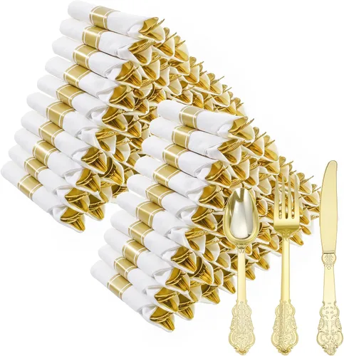 Vista 15 de Goodluck 100 Pack Pre Rolled Gold Plastic Silverware, Wrapped Cutlery