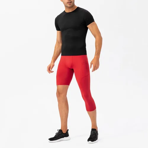 Vista 56 de Pantalones de compresión de 3/4 de una pierna para hombre, mallas de baloncesto atléticas para correr, leggings deportivos de capa base capri