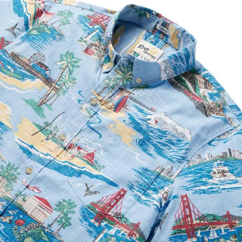 Vista 2 de Reyn Spooner Camisa hawaiana Aloha para hombre, estampado escénico, botón frontal a medida