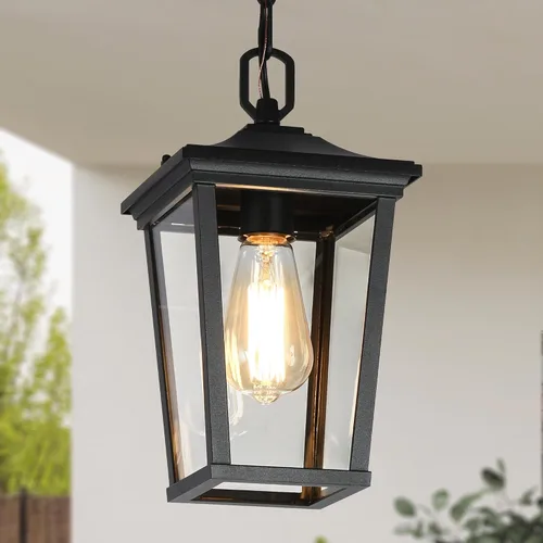 Vista 10 de Lámpara colgante para exteriores, luces colgantes antioxidantes exteriores de granja, luz de techo negra para exteriores con vidrio sembrado Negro