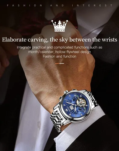 Vista 45 de OLEVS Relojes automáticos para hombre, oro de lujo, vestido de diamantes de cuerda automática, esqueleto mecánico, Tourbillon, reloj de pulsera