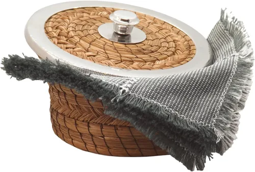 Vista 6 de Auténtica cesta calentadora de tortillas mexicanas - Aguja de pino tejida a mano con tela tejida a mano (borde de metal de 7 pulgadas con tela)