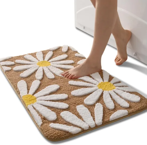 Vista 29 de QJHOMO Alfombra de baño beige con diseño de margaritas, decoración de flores blancas y amarillas, alfombra antideslizante de microfibra, súper