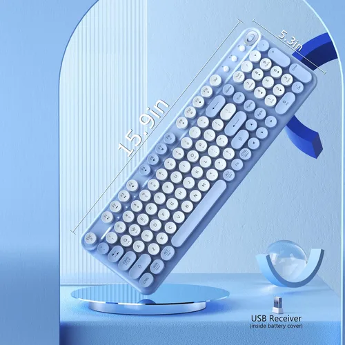 Vista 6 de Teclado Bluetooth inalámbrico, teclas redondas retro de tamaño Azul