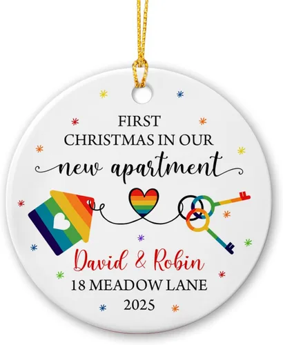 Vista 12 de All for Love - Adorno de cerámica LGBT arcoíris para Navidad 2025, adorno de Navidad personalizado para parejas, orgullo gay/lesbiano, adorno
