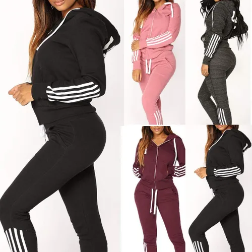 Vista 4 de VEZAD Moda Casual raya cremallera manga larga Pullove Sport Tops+pantalones largos conjunto