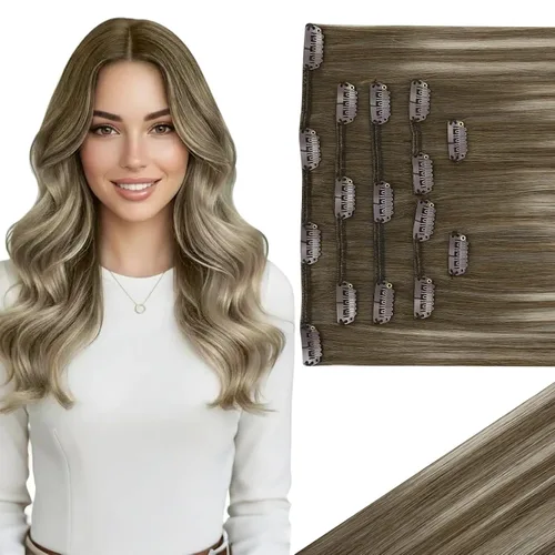 Vista 34 de Ve Sunny Extensiones de cabello clip-in de cabello humano real con reflejos, extensiones de cabello con clip para cabello corto, marrón oscuro
