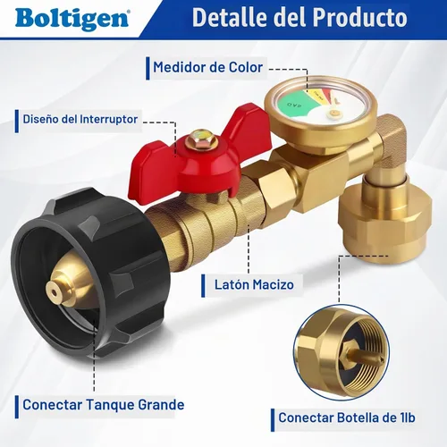Vista 2 de Boltigen Adaptador de codo de repuesto de propano con medidor de tanque, adaptador de recarga de propano mejorado para tanques de 1 libra, adaptador