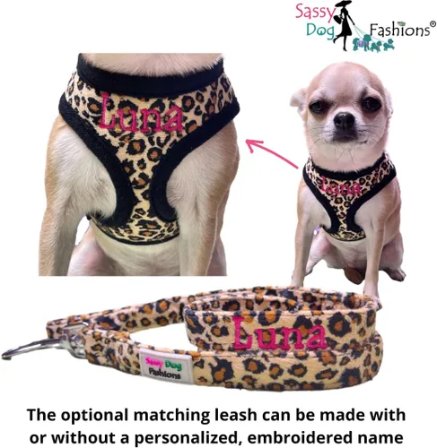 Vista 6 de Arnés y Correa de Leopardo para Perro y Correa Opción, Arnés Personalizado para Perro con Nombre de Mascota Bordado - Arnés de Perro Suave y Cómodo