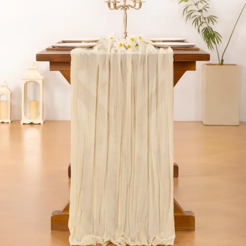 Vista 4 de Socomi Camino de mesa beige para primavera y Pascua, camino de mesa de 170 pulgadas, paño de queso de 14 pies, gasa bohemia rústica para decoración