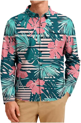 Vista 12 de Camisa hawaiana de manga larga con botones florales tropicales para hombre, camisas de playa con estampado de flores, camisas casuales de viaje