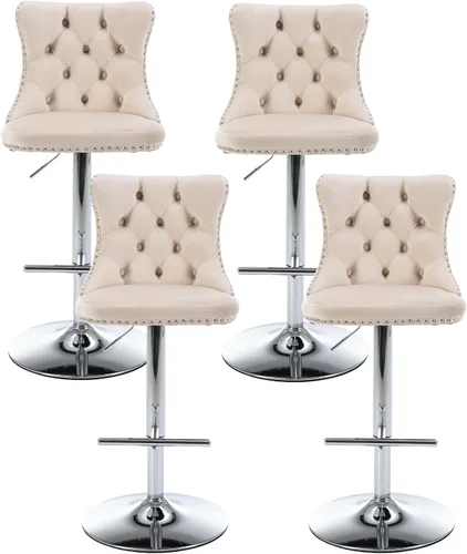 Vista 8 de Juego de 2 taburetes de bar beige, taburetes de bar tapizados ajustables con respaldo y reposapiés dorado, modernos taburetes de bar giratorios