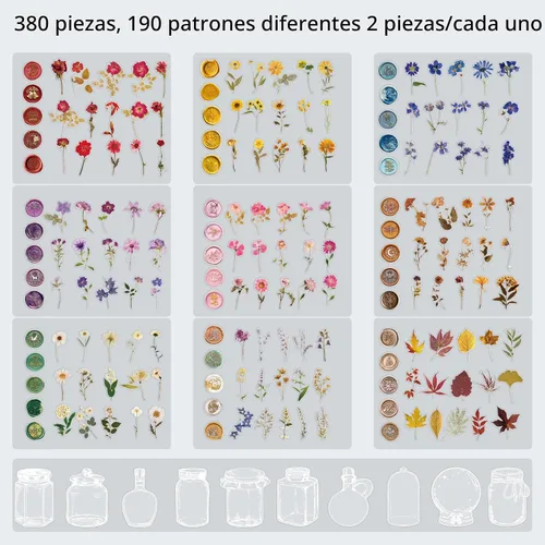 Vista 3 de emmoolife Juego de calcomanías de flores prensadas (380 piezas) con temática de flores secas, calcomanías florales botánicas para diarios