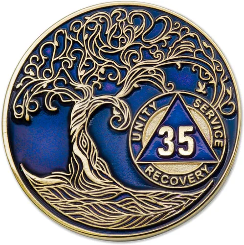 Vista 51 de 1 año Sobriety Mint Twisted Tree of Life Medallón de recuperación AA chapado en oro, chip/ficha - negro