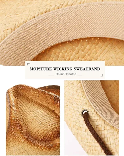 Vista 3 de Comhats Sombrero de paja de vaquero redondo de estilo occidental para mujer, cordón de barbilla Fedora de cuero vegano, ala moldeable, vaquera