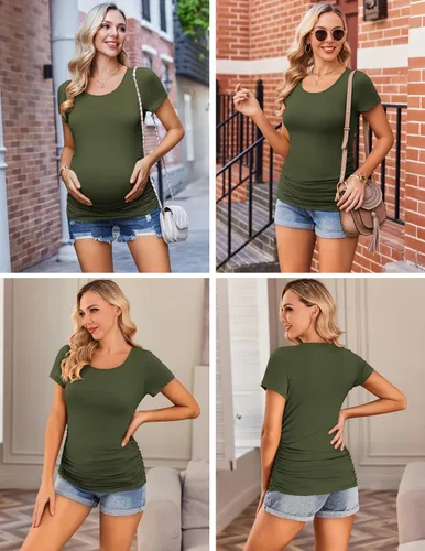 Vista 3 de Ekouaer Camisas de maternidad para mujer, paquete de 3 unidades, camiseta de embarazo fruncida lateral, blusa tipo túnica, casual, ropa para mamá