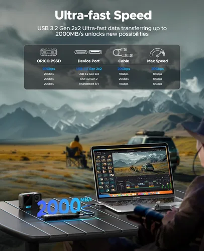 Vista 2 de ORICO SSD externo de 512 GB de hasta 2000 MB/s, protección adicional de interfaz, impermeable y a prueba de polvo, unidades de estado sólido