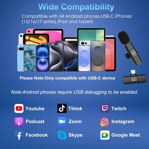 Vista 5 de Vislla Micrófono Lavalier inalámbrico para iPhone serie 15/16/17, iPad y dispositivos Android, cancelación de ruido, mini micrófono de solapa