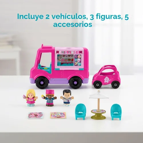 Vista 5 de Fisher-Price Little People Barbie Camion de Cupcakes Musical - Juego de juguete con 9 piezas para juego de simulación para niños de 18+ meses