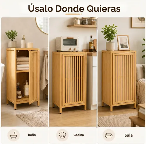 Vista 7 de Gabinete de almacenamiento de bambú, gabinete de piso de baño Natural
