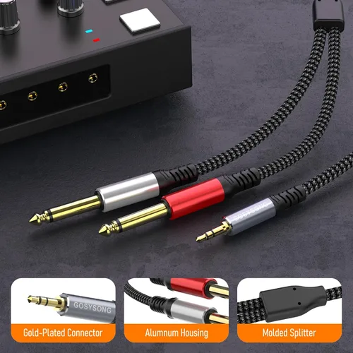 Vista 3 de Adaptador de cable de audio estéreo 1/8 a dual 1/4 TS mono Y Splitter compatible con iPhone, PC, tarjeta de sonido de computadora, mezclador