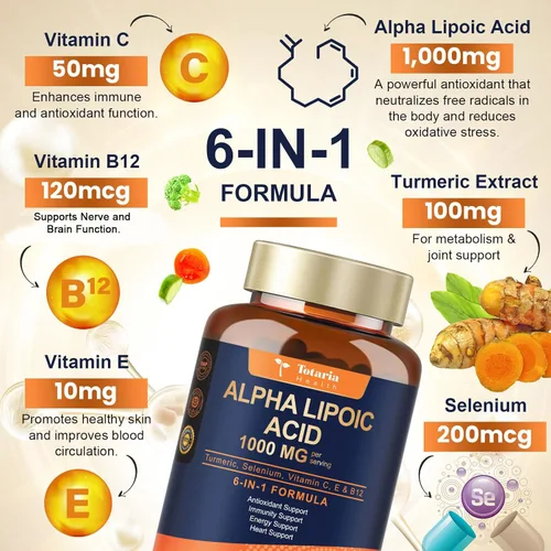 Vista 2 de Totaria Ácido alfa lipoico de 1000 mg – Suplemento de ALA antioxidante para neuropatía, apoyo a la salud nerviosa, desintoxicación hepática