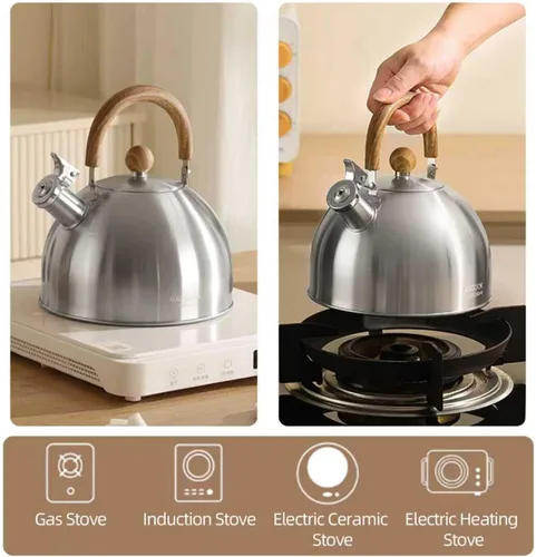 Vista 8 de Hervidor de té de acero inoxidable 18/8 para estufa (2L / 2.1 cuartos, tetera silbante, mango de madera) - Plateado