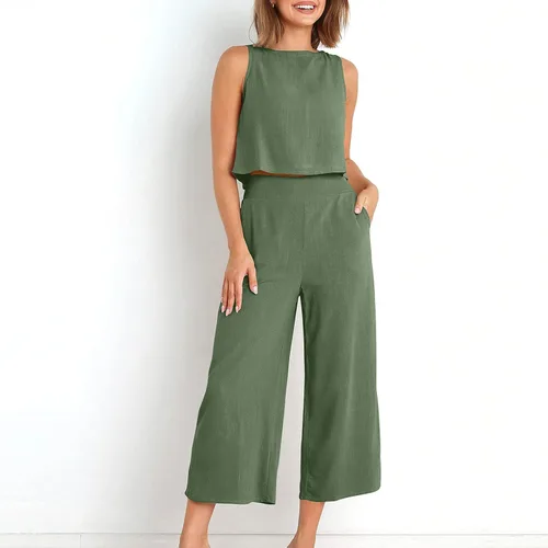 Vista 3 de Conjunto de 2 piezas de algodón y lino para mujer, camiseta corta sin mangas y pantalones cortos de pierna ancha, conjuntos casuales de algodón