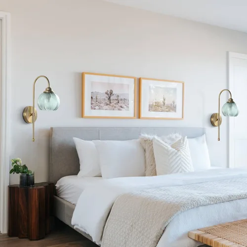 Vista 7 de KCO Lighting - Lámpara de pared vintage con globo de vidrio verde y brazo de latón cepillado - Aplique de globo grande, acabado dorado - Lámpara