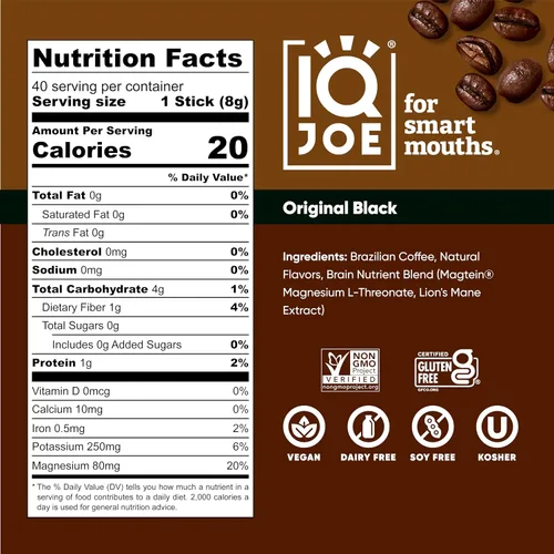 Vista 2 de IQJOE Paquetes de Café de Hongos (40 Porciones) Melena de León, Magnesio Magtein, Antioxidantes, Adaptógenos - Negro Original - Café Instantáneo