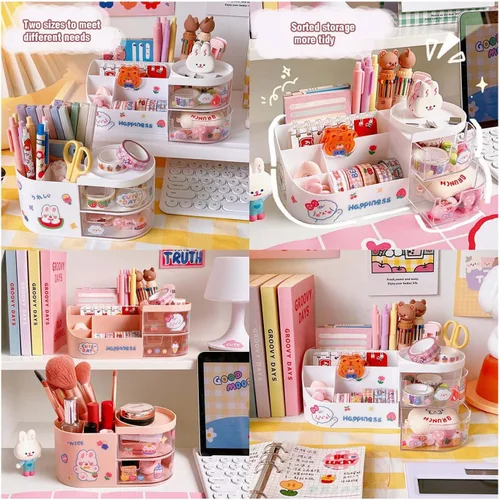Vista 8 de MLAFE Kawaii - Caja de almacenamiento de artículos de papelería, organizador de maquillaje, suministros de cuenta de mano, lindo organizador Rosa