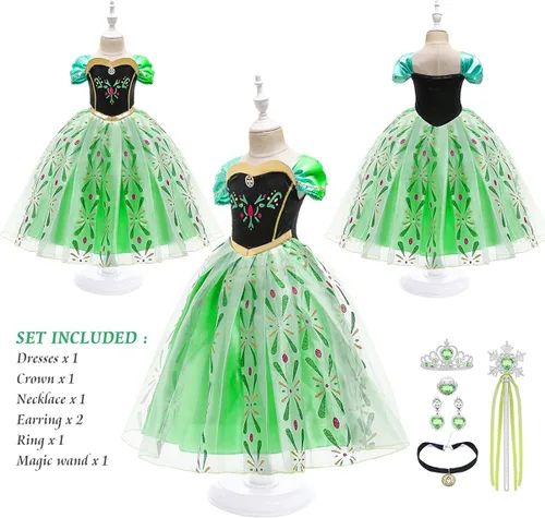Vista 3 de URAQT Elsa - Disfraz de princesa para niñas - Vestido de fiesta de nieve para cosplay vestido de Anna con corona de varita tiara