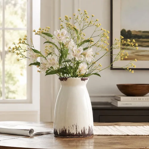 Vista 10 de hjn Florero de Flores Blanco - Florero de cerámica para decoración, jarrón blanco para flores, jarrones modernos para sala de estar/acentos