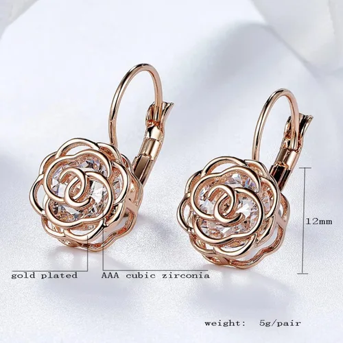 Vista 6 de Pendientes chapados en oro con diseño de flor de rosa con cristal AAAAA Australia transparente para mujer