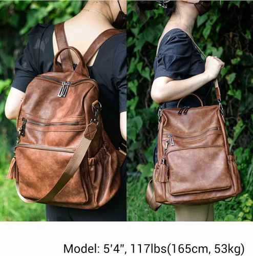 Vista 2 de Mochila de cuero para mujer, diseño de moda, bolsa de hombro convertible con borlas, Marrón, Mochilas Tote