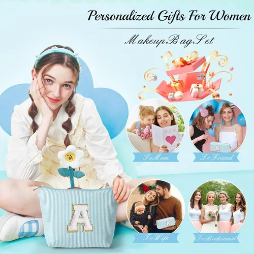Vista 31 de YOOLIFE Regalos del Día de la Madre para Mujeres, Bolsa de Maquillaje con Iniciales, Bolsa de Maquillaje para Viaje, Bolsa de Maquillaje Negro