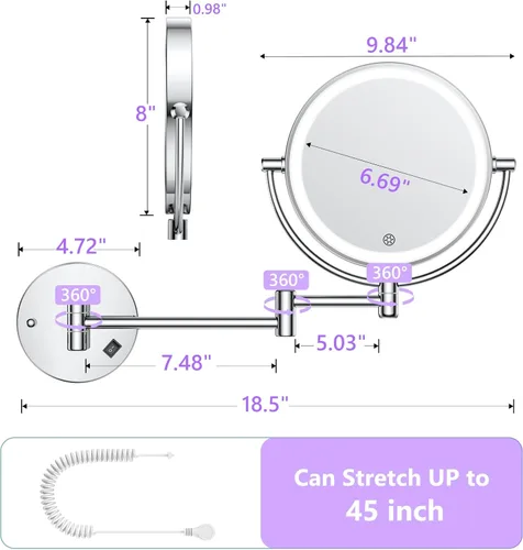 Vista 3 de Wall Mounted Makeup Mirror with Lights, Double-Sided Magnifying, Plug-in Lighted Vanity Mirror with 3 Color Modes, 20X/1X Dimmable Brightness, 360°