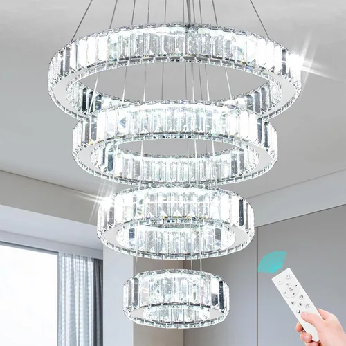 Vista 10 de Candelabro LED de 4 anillos para comedor, moderna lámpara de cristal colgante, lámparas de techo alto para dormitorio, sala de estar, comedor