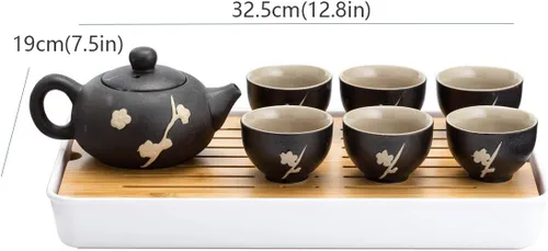 Vista 3 de Juego de té de cerámica chino/japonés, 100% hecho a mano, juego de ceremonia de té tradicional con teteras, 6 tazas de té, bandeja de té de bambú