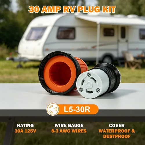 Vista 4 de Cable de alimentación de 30 AMP RV con tapa de bloqueo de arranque, conector de bloqueo giratorio hembra NEMA L5-30R de 125 V con cubierta naranja