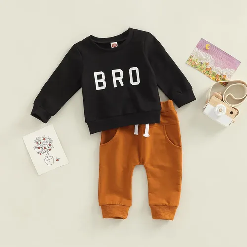 Vista 3 de Zempertoopa Conjunto de ropa para bebés y niñas con estampado de letras, sudadera con pantalones largos sólidos, 2 piezas, para otoño e invierno