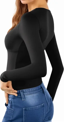 Vista 4 de MANGOPOP Body ajustado con cuello en V profundo y nudo torcido para mujer, manga corta, manga larga